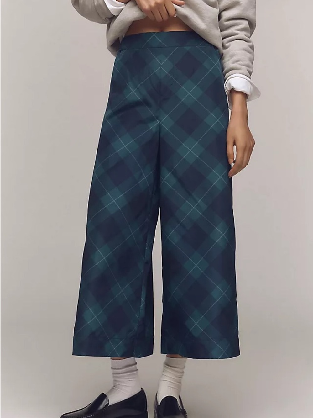 Anthropologie Maeve Taffeta Plaid Cropped Wide Leg Pants Green Blue Tartan Sz XS